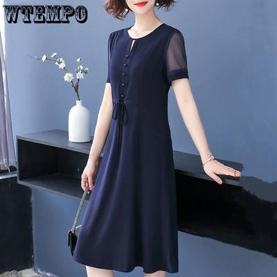 Solid Chiffon Dress Women's Loose Short Sleeve Medium Length Dress Summer Casual Mom's Dress A-line Dress Fashion