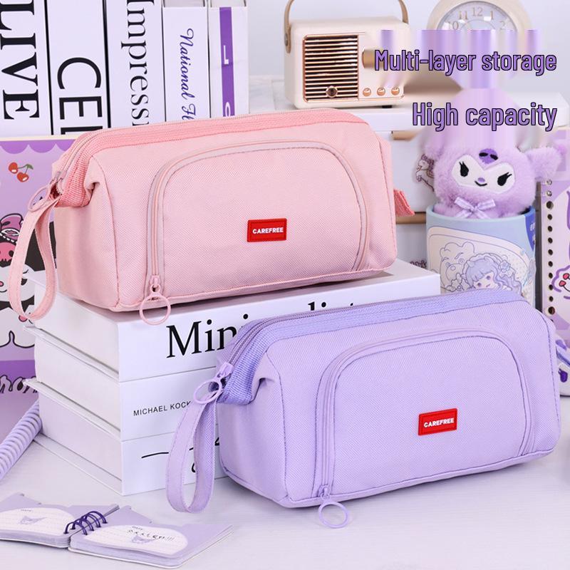 Large Capacity Canvas Double Layer Pencil Case for Middle & High School Students