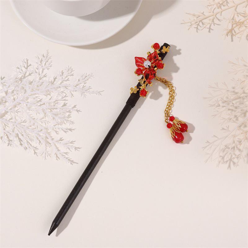 Vintage-Style Ebony Imitation Hairpin with Tassels and Wooden Step-Shaking Design for Hanfu and Ancient Costume Accessories