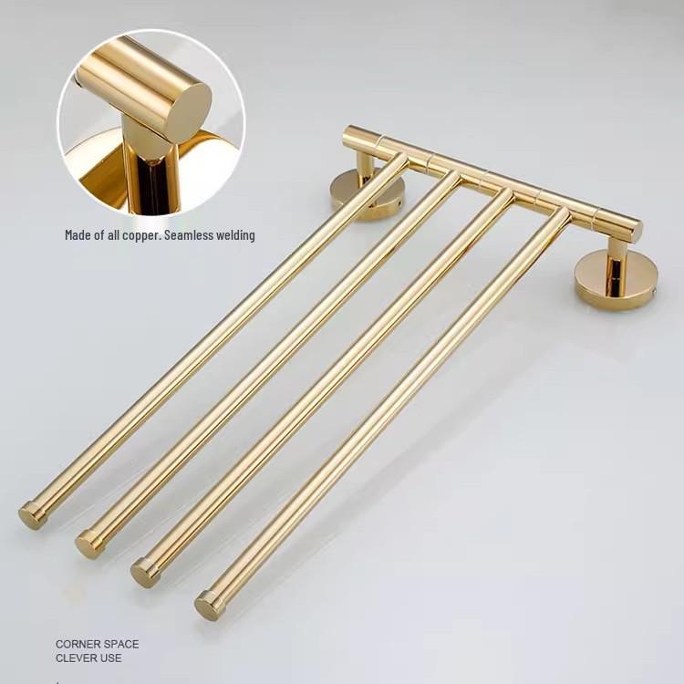 Rotatable Gold Foldable Copper Towel Rack - Punch-Free Multi-Bar for Bathroom