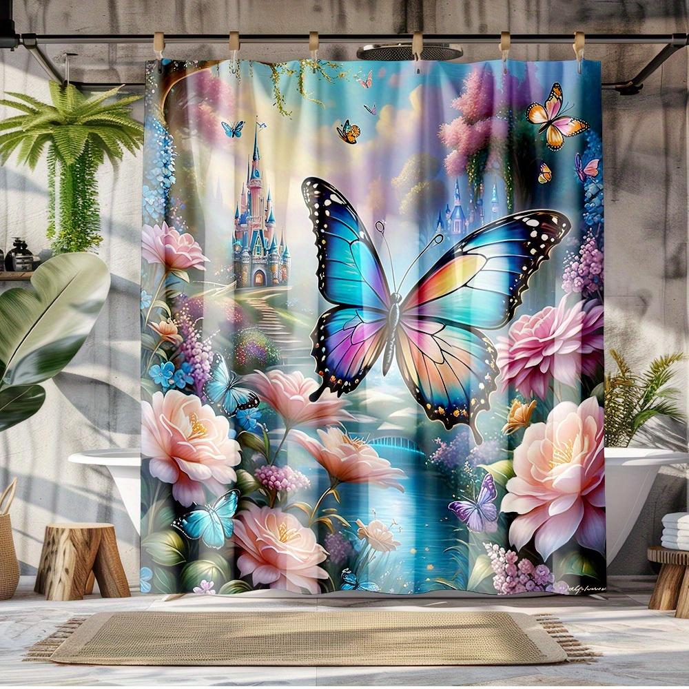 Elegant Simple Black Butterfly White Flower Art Bathroom Shower Curtain Waterproof Bathroom Decorative Shower Curtain
