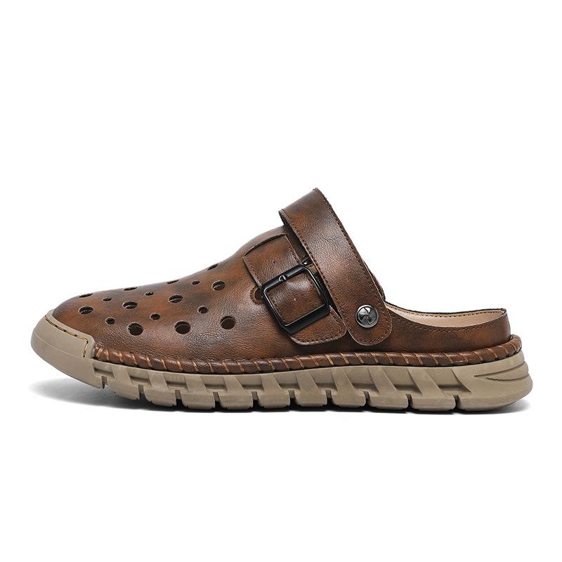 Men's Clogs Outdoor Sandals Closed Toe Leather Sandals Athletic Strap Adjustable Loafers Outdoor Beach Shoes Breathable Non Slip