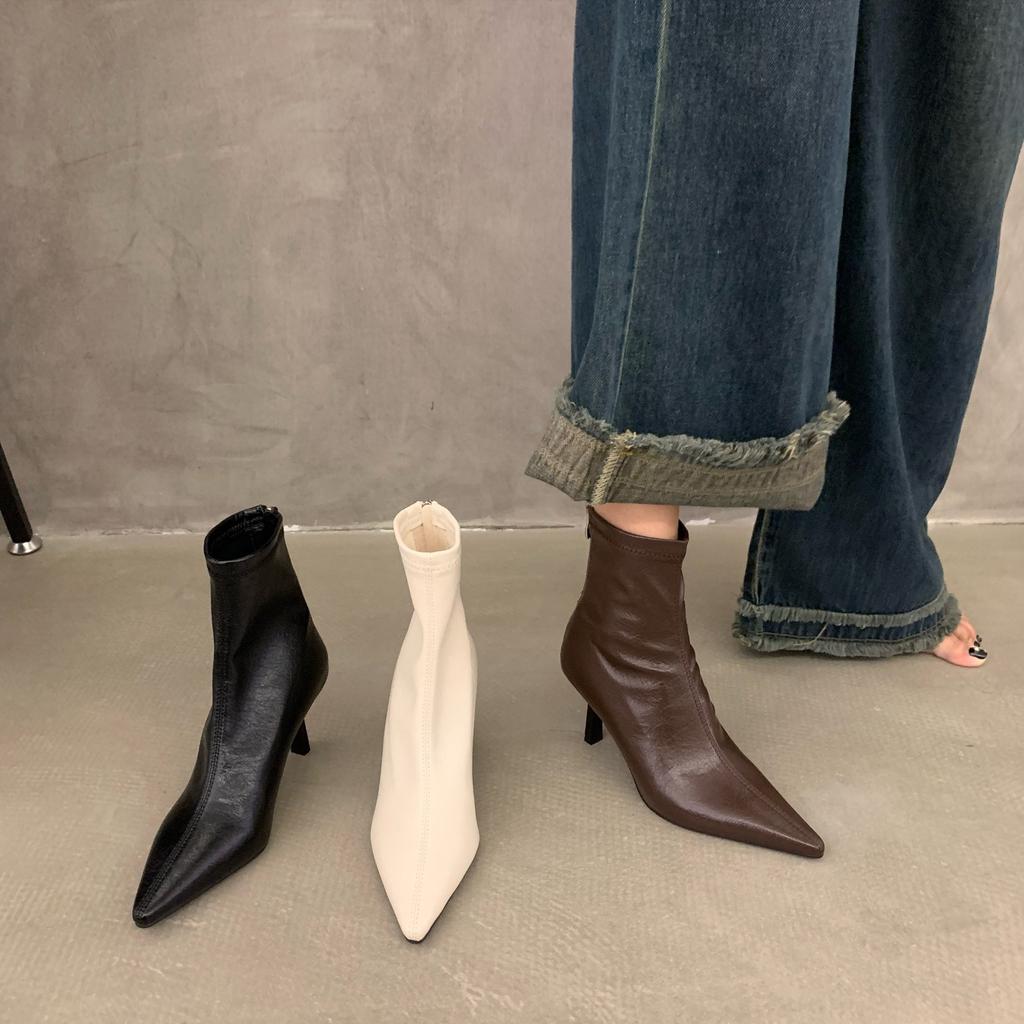 Thin heel high heel spring and autumn single boots pointed short boots women's shoes 2025 new white Korean thin small naked boots