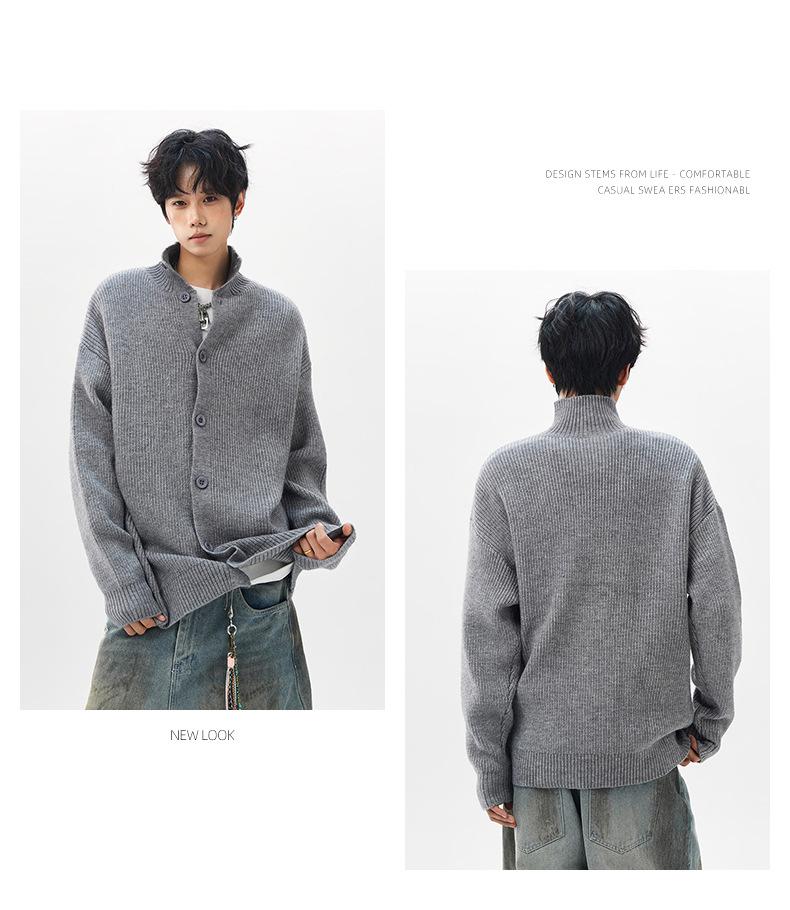 Men's Japanese Retro Solid Turtleneck Cardigan Sweater - Casual Knitwear, Trendy Stand Collar Jacket for Teens