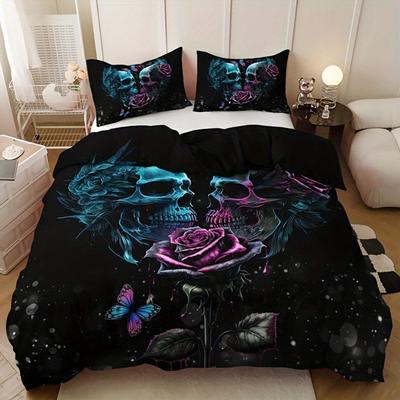 3dílná černá sada povlečení s potiskem lebek a růží Útulná sada povlaků na přikrývku Velikost King Queen Twin Single Halloween Narozeninový dárek Dekorace ložnice