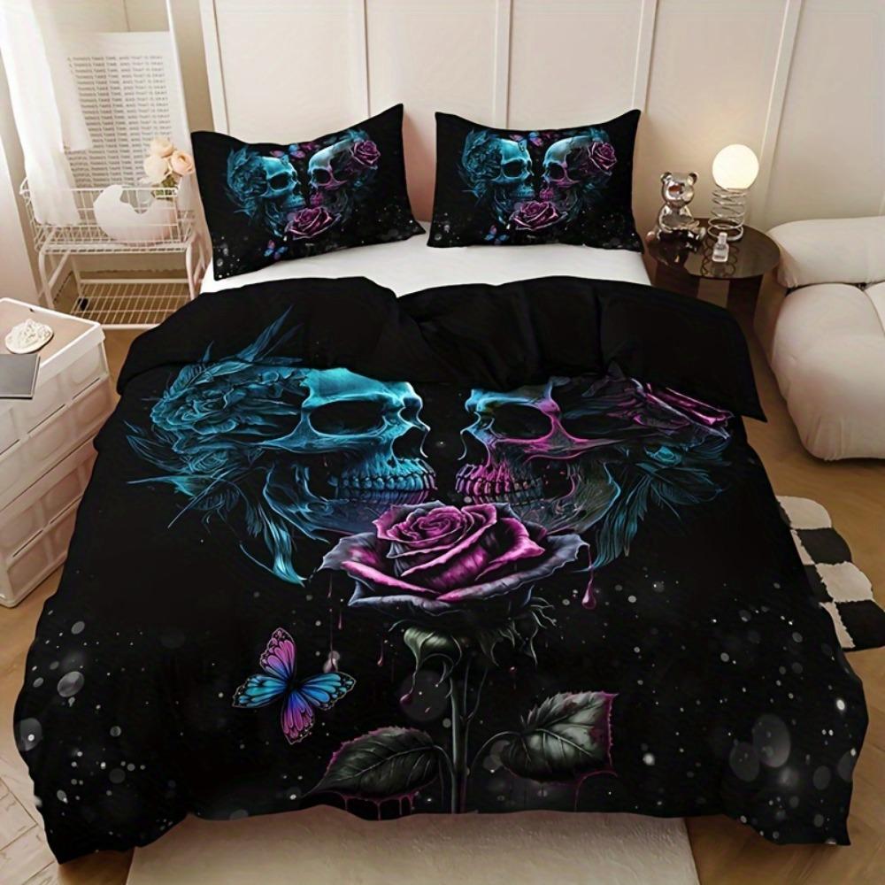 

3pcs Black Bedding Set Skulls Rose Print Cozy Duvet Cover Set King Queen Twin Single Size Halloween Birthday Gift Bedroom Decor EU Single 135x200cm