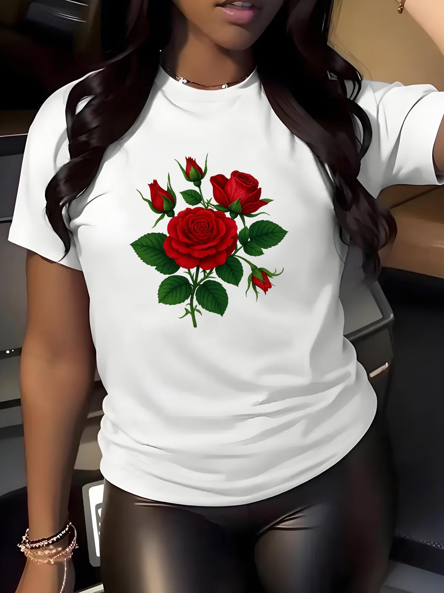 

European Size Women S T-Shirt with Vibrant Red Rose & Green Leaf Graphic Print - Soft Stretchy Fabric Non-Transparent, All-Season Comfort 4XL