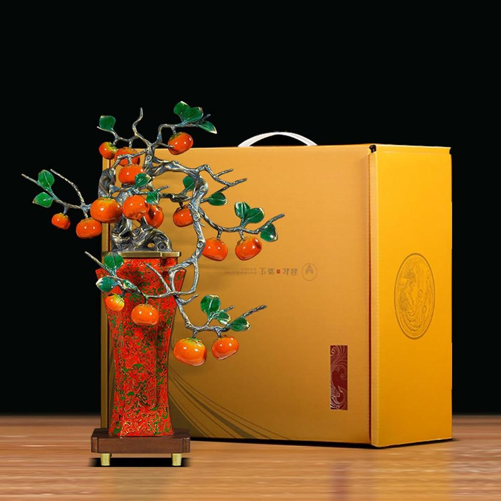 Exquisite Copper "Persimmon with Natural Lacquer Finish" Statue (GREEN) | New Chinese Style Feng Shui Decor for Wealth & Harmony, Perfect Home or