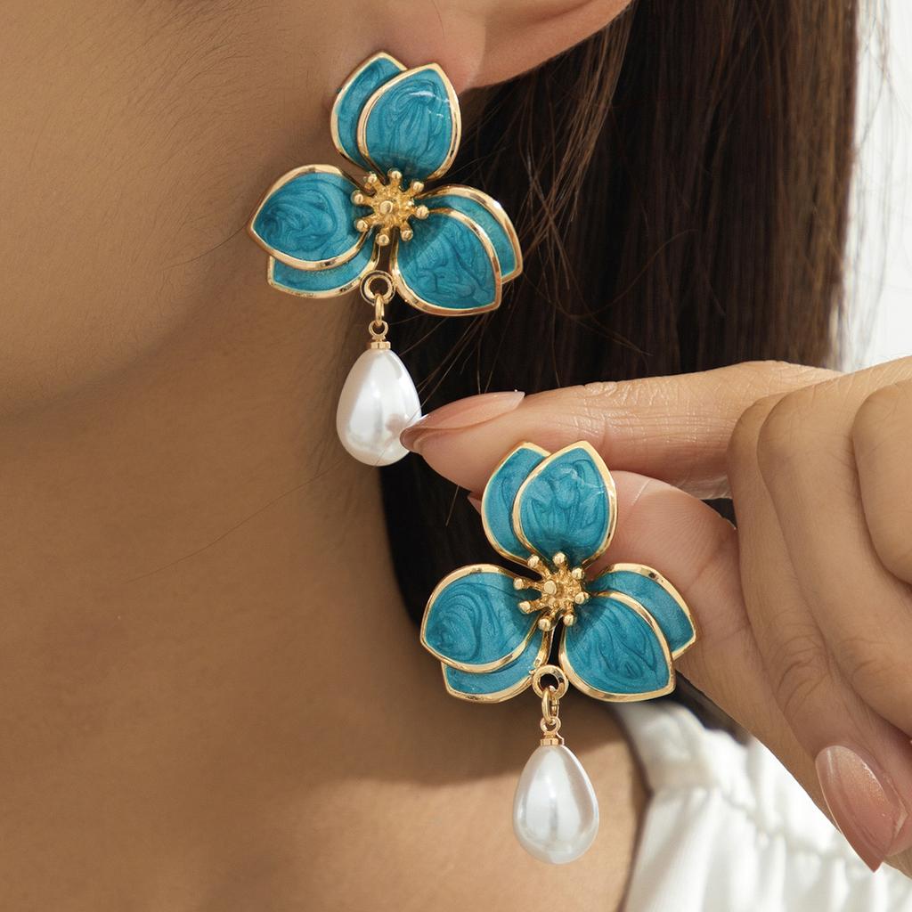 Simple Oil-Infused Flower Earrings And Necklace Set - Casual Jewelry Set For Women