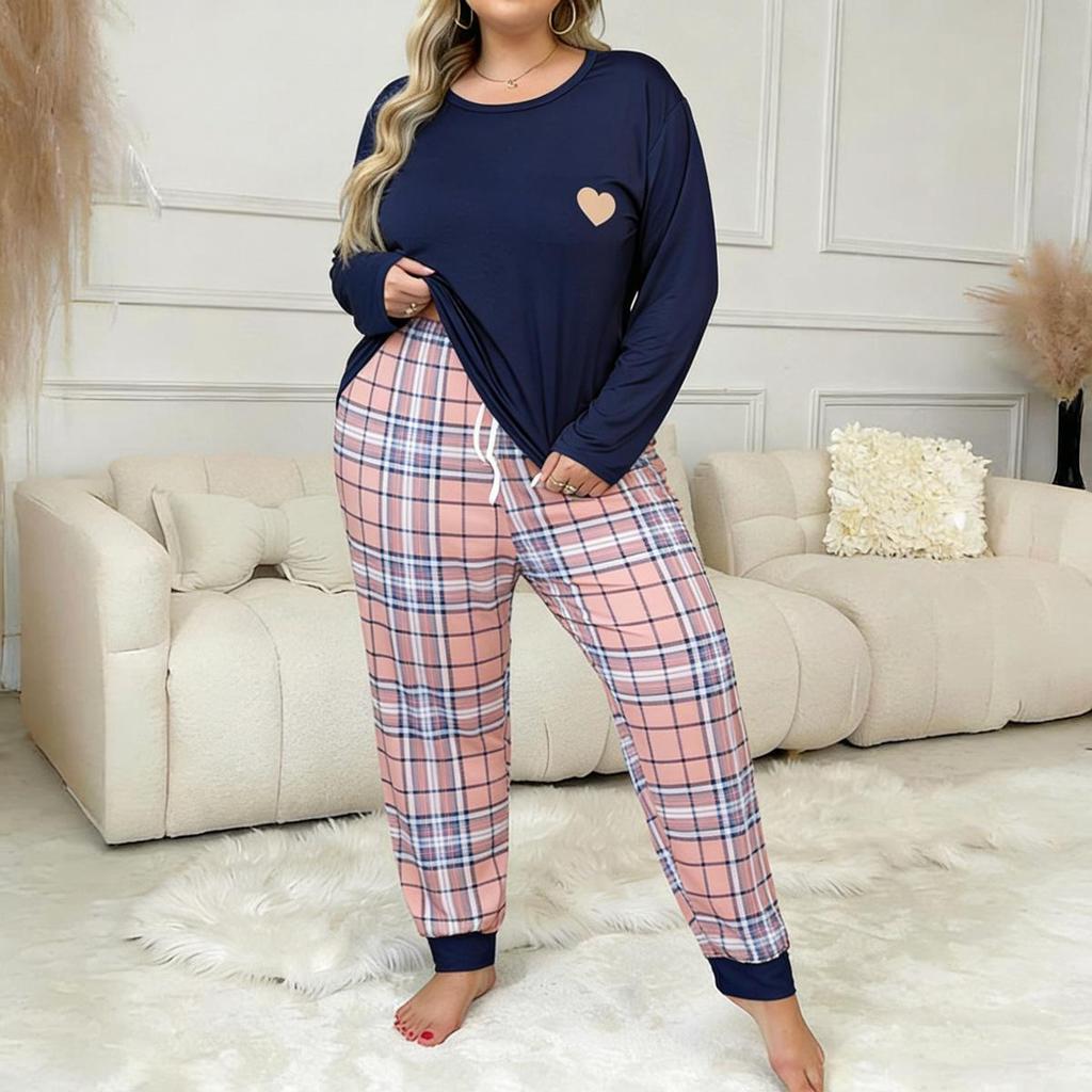 Women's Plus Size Heart Print Pajama Set - European & American Style, Long Sleeve Loungewear