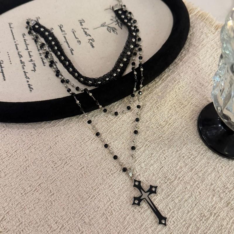 Long Layered Punk Cross Pendant Necklace Women Y2K Gothic Chic Beaded Chain Alloy Charm On Resin 31-40cm Adjustable