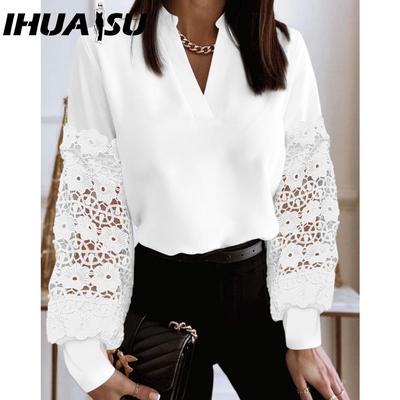 Herbst Winter Mode V-Ausschnitt Spitze Langarmshirt für Damen
