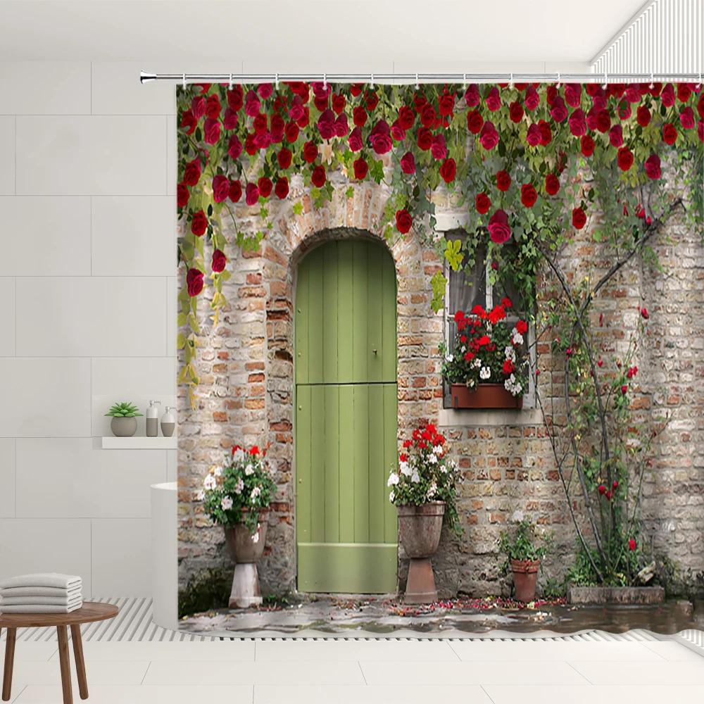 European Town Scenery Shower Curtain Set Street Flower Window Green Vine Retro Old Door And Window Pattern Bathroom Decor Screen