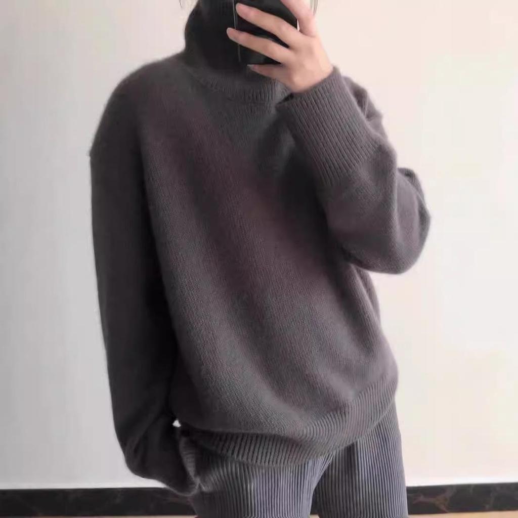 Women's High Collar Wool & Cashmere Sweater - Loose, Thick, Knit, Lazy Style for Autumn/Winter