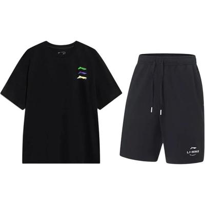 Li Ning Logo Print Simple Fashion Comfortable Versatile Round Neck Pullover Short Sleeve T-Shirt Casual Sports Set Unisex Tops YHSV373-2+AKST543-3