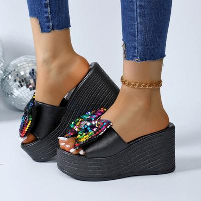 New Summer Women's Slippers with Bows Colorful and Shiny Outdoor Wedge Beach Open-toe Slippers Simple Sequins Zapatos De Mujer