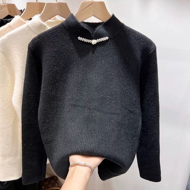 Retro Buckle Chinese Style One-piece Velvet Knitted Sweater for Women Half High Collar Thickened Warm Pullover Casual Velvet Sweater Autumn Winter