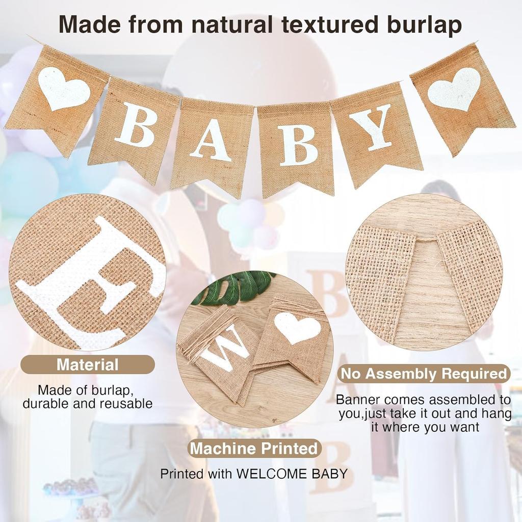 Welcome Baby Banner - Welcome Baby Shower Sign - Pre-Strung Burlap Gender Reveal Banner for Boy and Girl (Come with 6pcs Balloons)