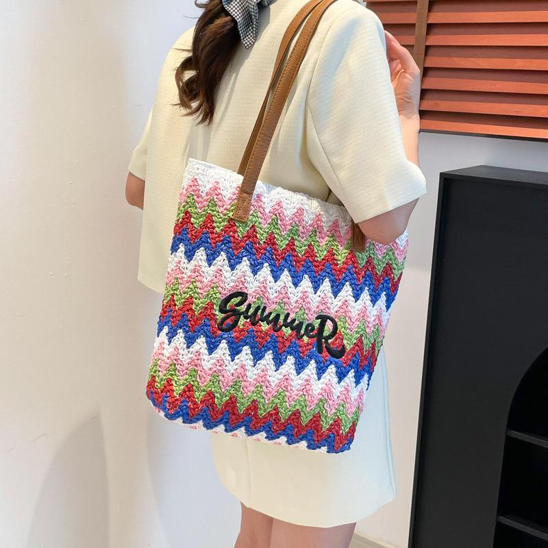 Rainbow contrasting stripes splicing summer casual weaving embroidery beach large capacity shoulder travel straw weaving tote bag