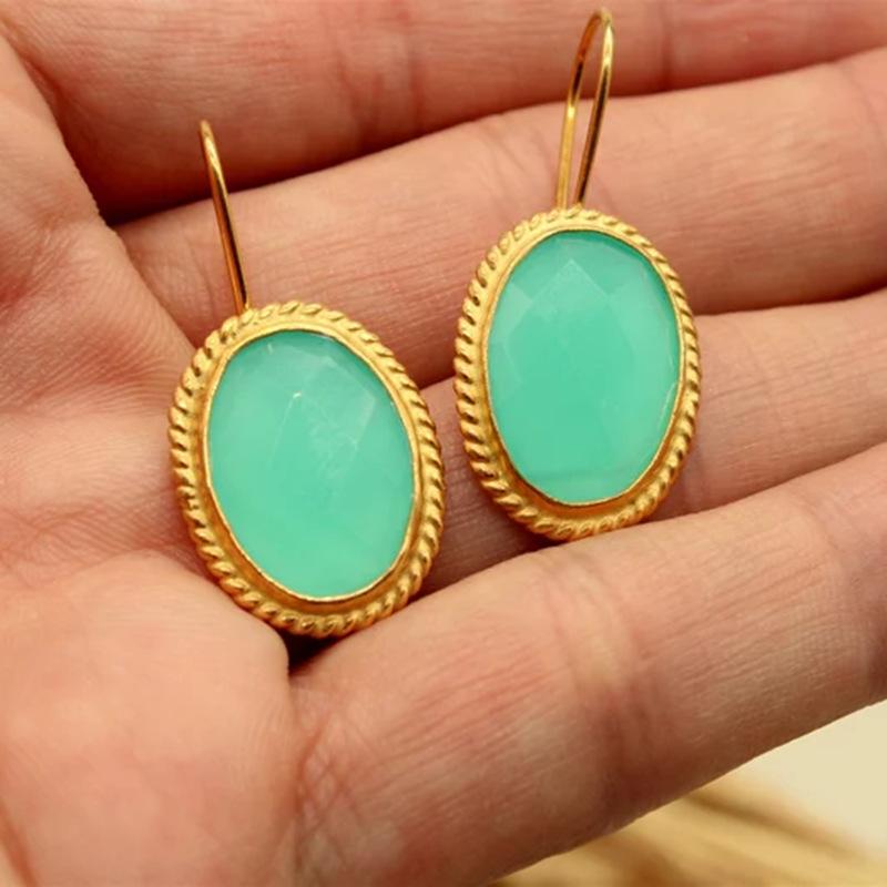 Exquisite Gold Color Round Green Stone Carving Dangle Earrings for Women Jewelry