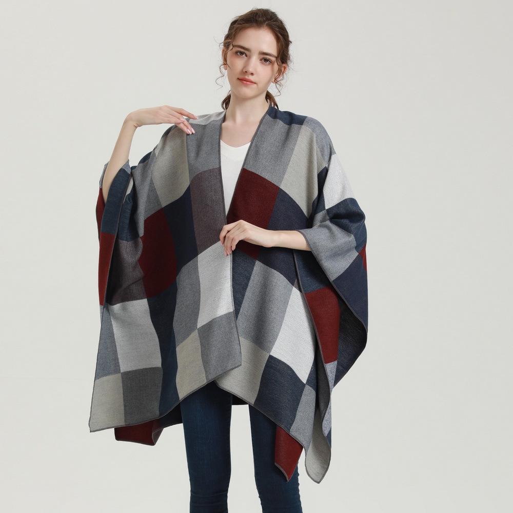 Autumn & Winter Women's Double-Sided Plaid Shawl Scarf - Imitation Cashmere, Multifunctional with Slit Design.