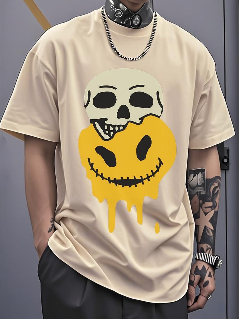 Unisex Crew Neck Skull Drip Smiley Face Print Short Sleeve Cotton Tee Casual Summer Streetwear Loose Basic Daily Outdoor Wear Top