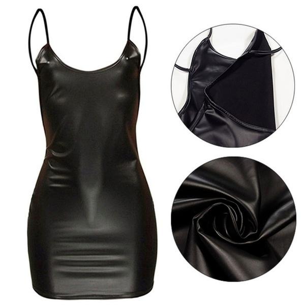 New Women'S Fashion V-Neck Sleeveless Latex Pu Leather Club Clothing Spring Summer Black Backless Party Dress Fancy Lingerie Cosplay Dress