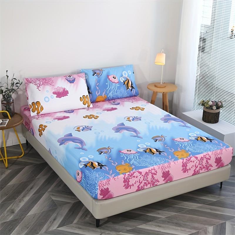 3 Pcs 100% Polyester Fleece Cartoon Print Bed Sheet Set (1 Bed Sheet + 2 Pillow Cases) - No Pillow Filler - Soft and Comfortable
