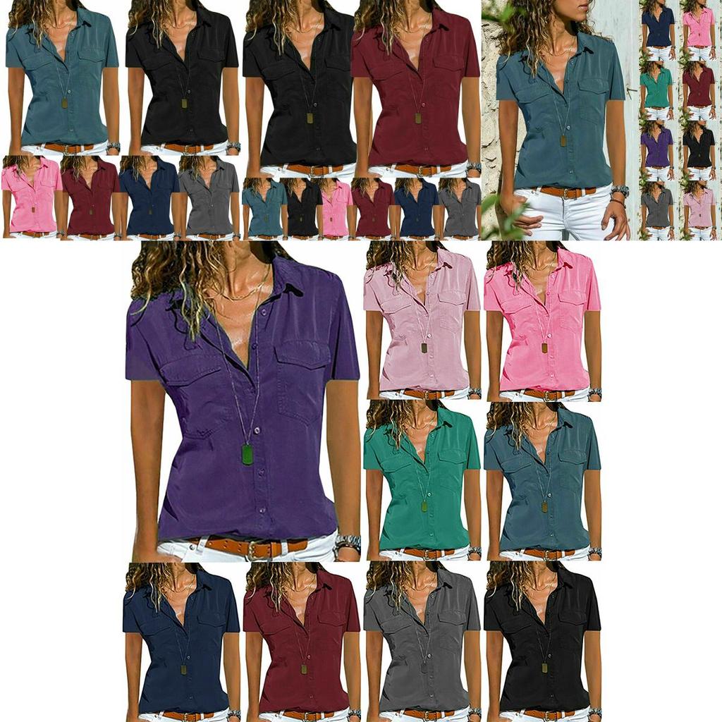 Women V Neck Short Sleeve Shirt Blouse Ladies Summer Tshirt Tops Tee Size Plus