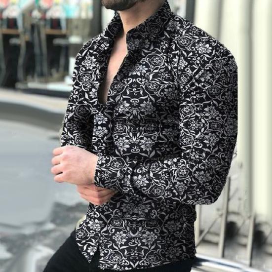 Jaro Podzim Pánská Móda Květinový Potisk Slim Fit Košile s Dlouhým Rukávem Top