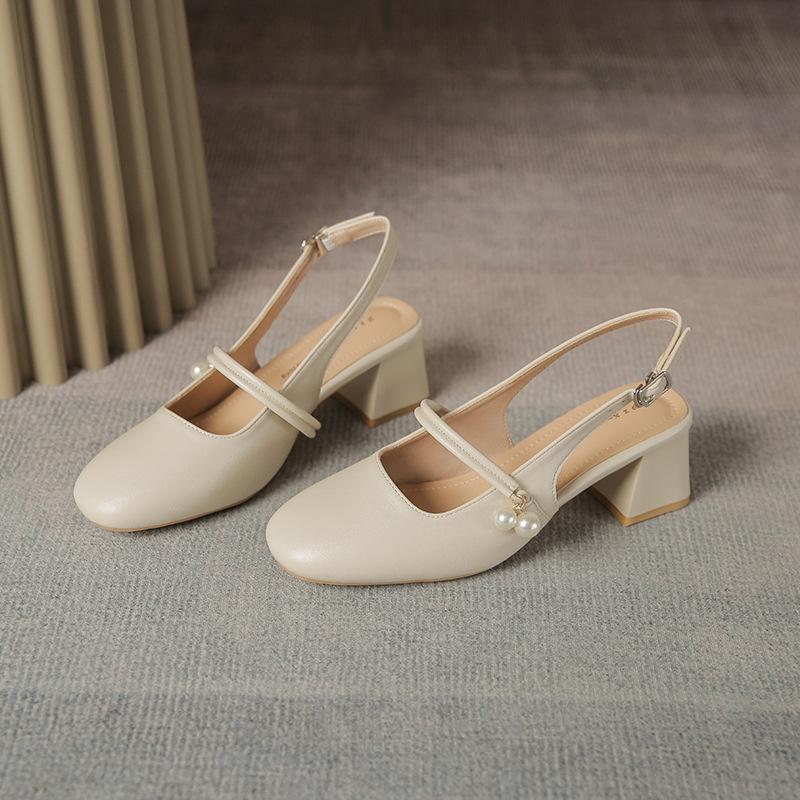 

Летние туфли с открытым носком, нюдовые туфли на высоком каблуке, жемчужные туфли с круглым носком для работы, женские простые сандалии 5 см 40