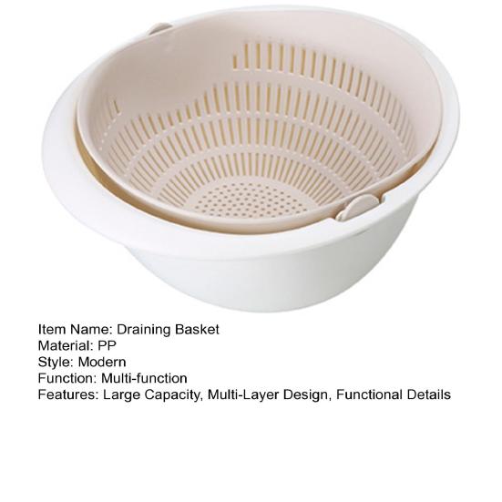 Vegetable Draining Basket Food Grade PP Plastic Large Capacity Stackable Double Layer Design Non-Slip Handle Rapid Drainage Storage Fruit Basket