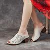 Johnature Retro Peep Toed Versatile Slippers Genuine Leather Hollow-out Breathable Kitten Heels Women's Sandals