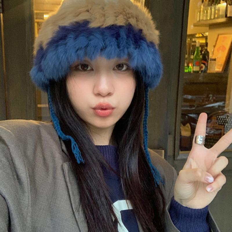 LOOKING4U The Cap Raccoon Fur Knit Bonnet Hat C1 Blue