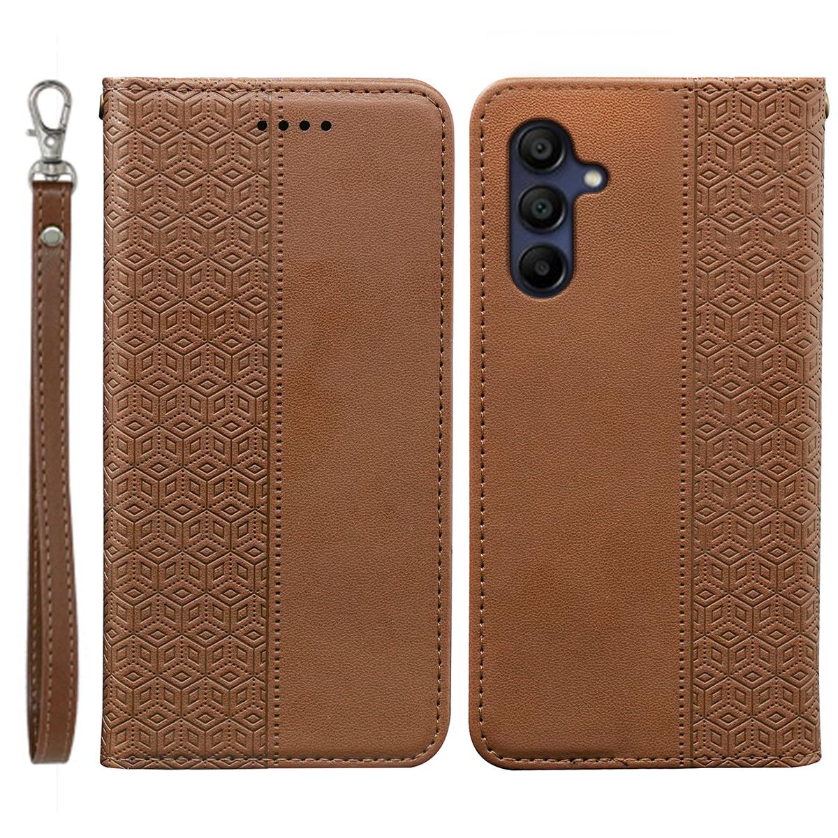 

For Samsung Galaxy A36 5G/A56 5G Wallet Phone Case Strong Magnetic Checkered Pattern Imprint Leather Flip Cover Brown