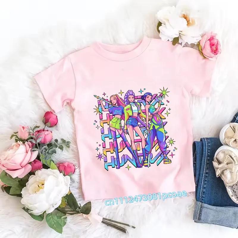 2026 Children's K-pop Demon Hunters T-shirt, a Clothing Item Featuring Anime Cartoon Patterns, a Girls' Casual Top, Gift Options