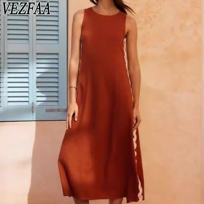 Women's Fashion Summer Spring Solid Color Print Sleeveless O-Neck Loose Waistline Casual Dresses