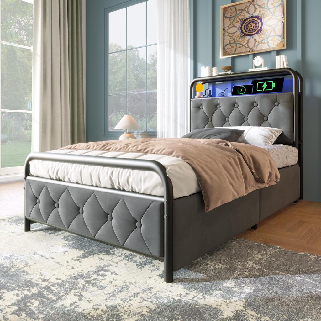 Upholstered Bed Metal Bed 90x200cm 2 Drawers LED Lighting Charging Function Storage Shelf Stable Metal Frame Storage Space Velvet Without Mattress Grey