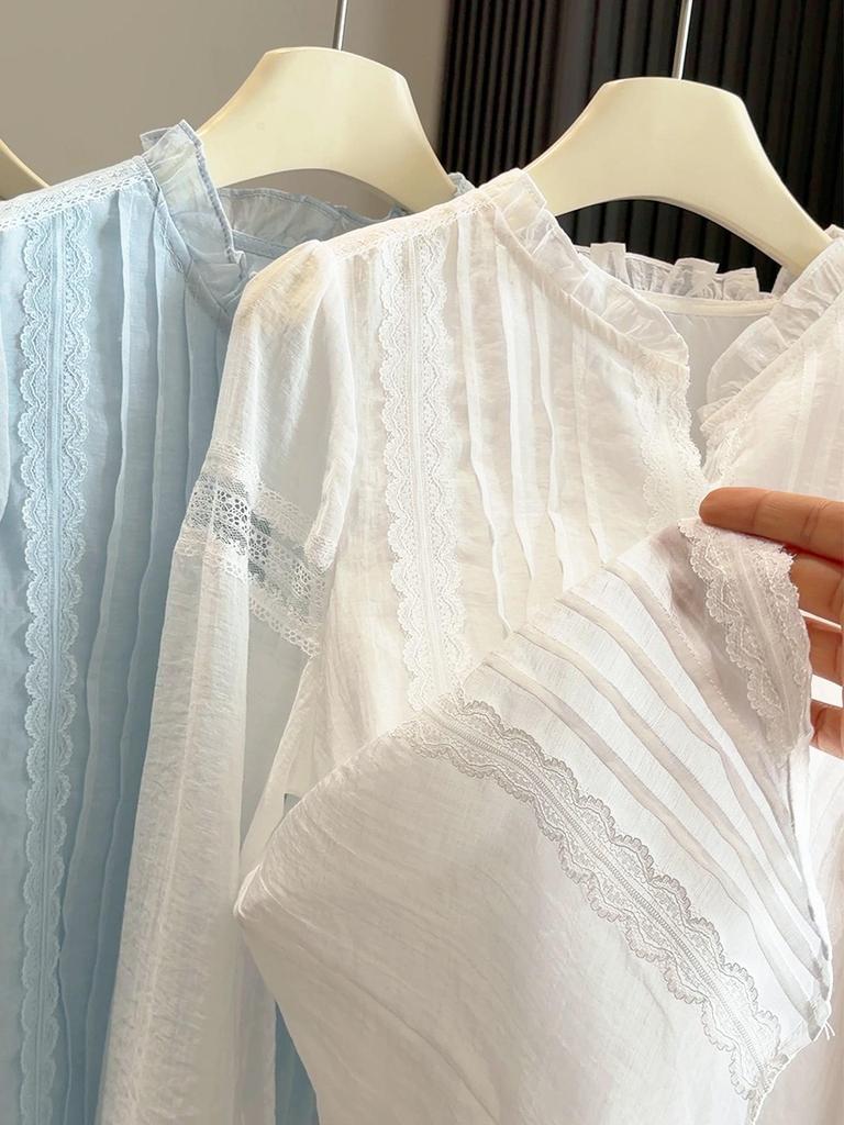 Korean Style High-End Lace Patchwork Lantern Sleeve Shirt for Women - Spring Fashion Top