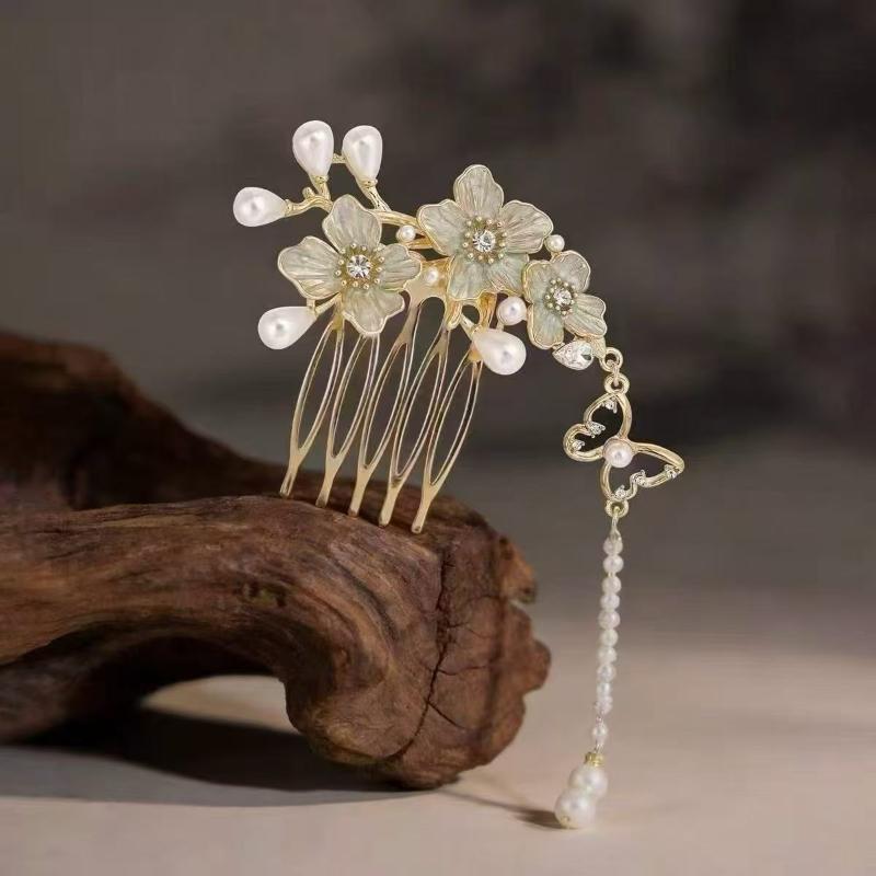 Chinese Tassel Hair Comb Floral Pearl Tassel Hairpin Vintage Hanfu Hairpin Retro Hair Accessory For Women Party Cosplay Decor