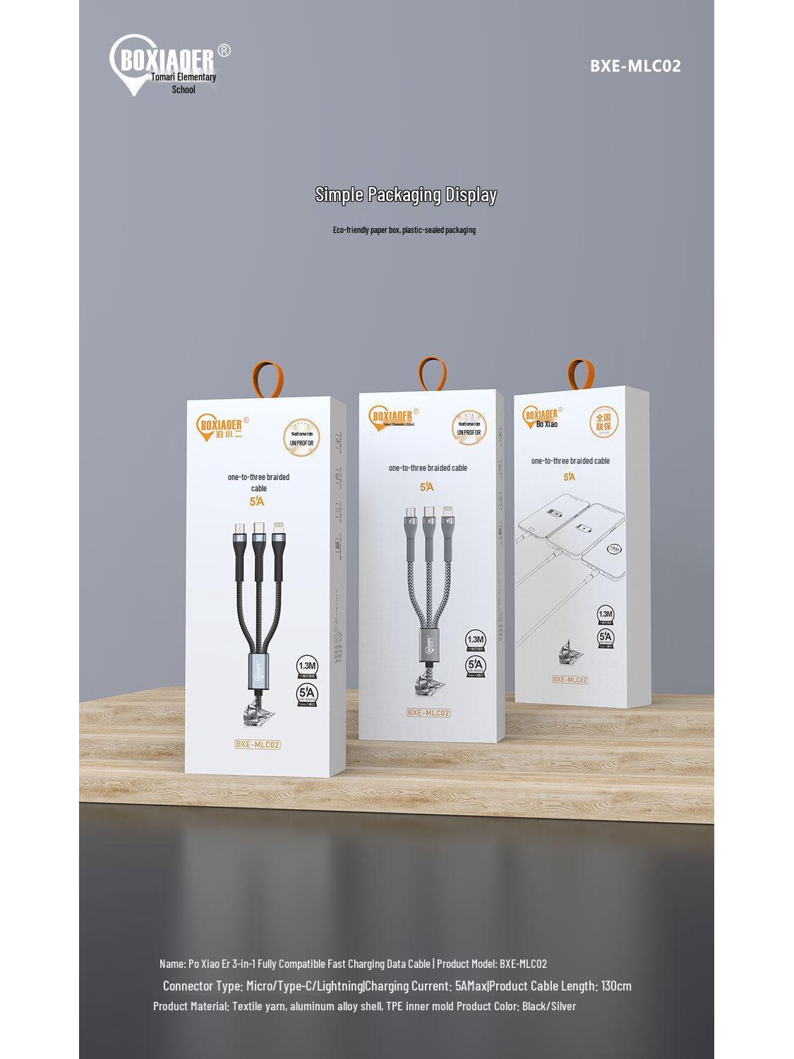 1.2m Braided 3-in-1 USB Fast Charging & Data Cable with C Port