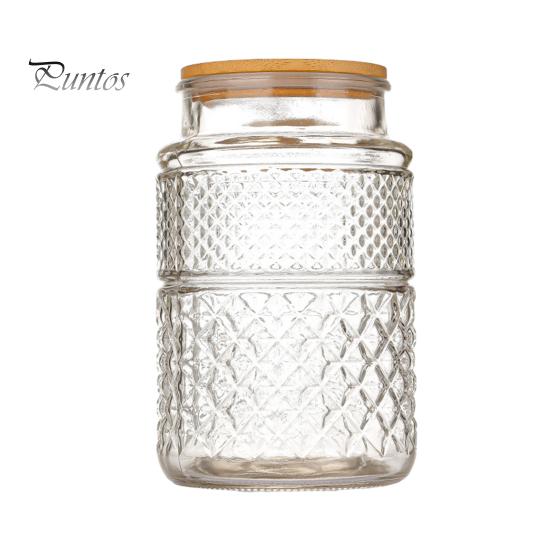 600/1300/2000ML Glass Storage Jar Vintage Diamond Pattern with Bamboo Lid Good Sealing Large Capacity Kitchen Storage Container