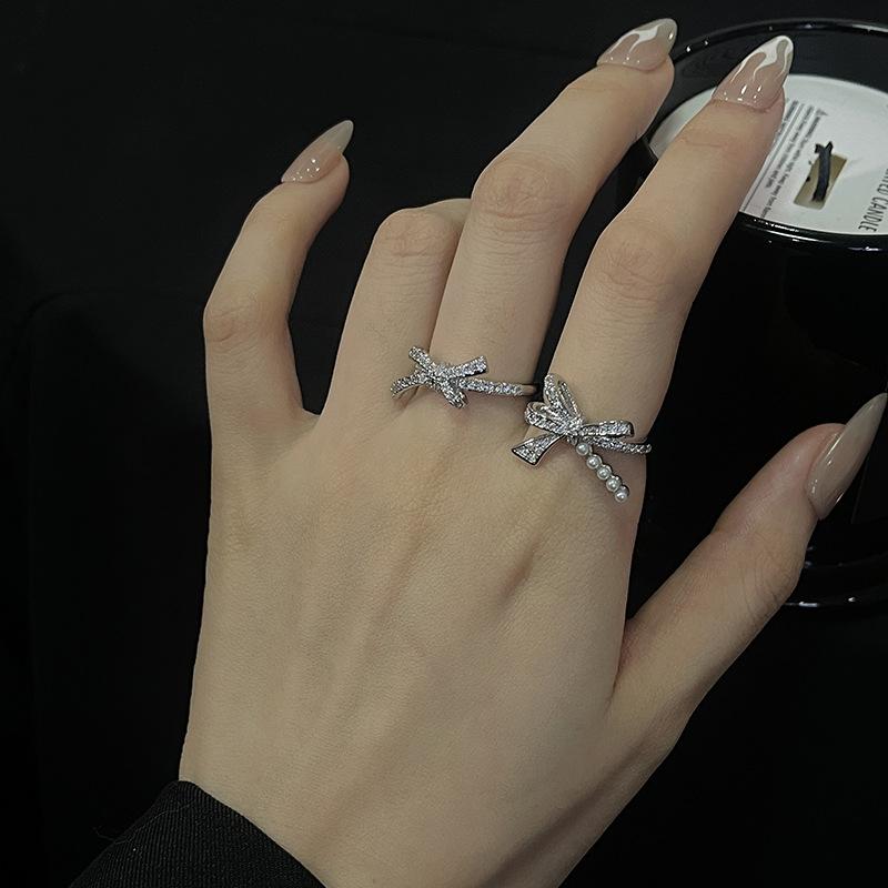 Hepburn Style Double Bow Pearl Stacked Open Ring Full Of Diamonds Zircon Temperament Advanced Sense Index Finger Ring