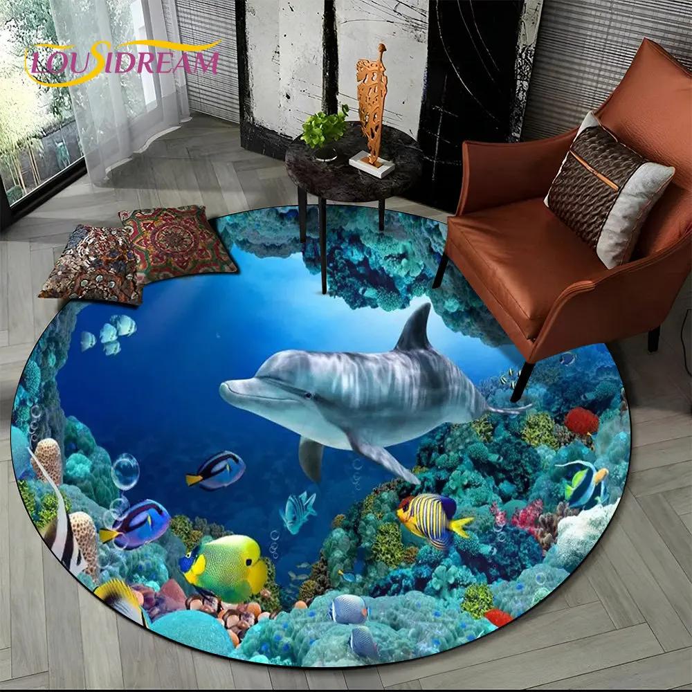 3D Seabed Illusion Underwater World Dolphin Round Area Rug,Carpet for Living Room Bedroom Sofa Playroom Decor,Non-slip Floor Mat