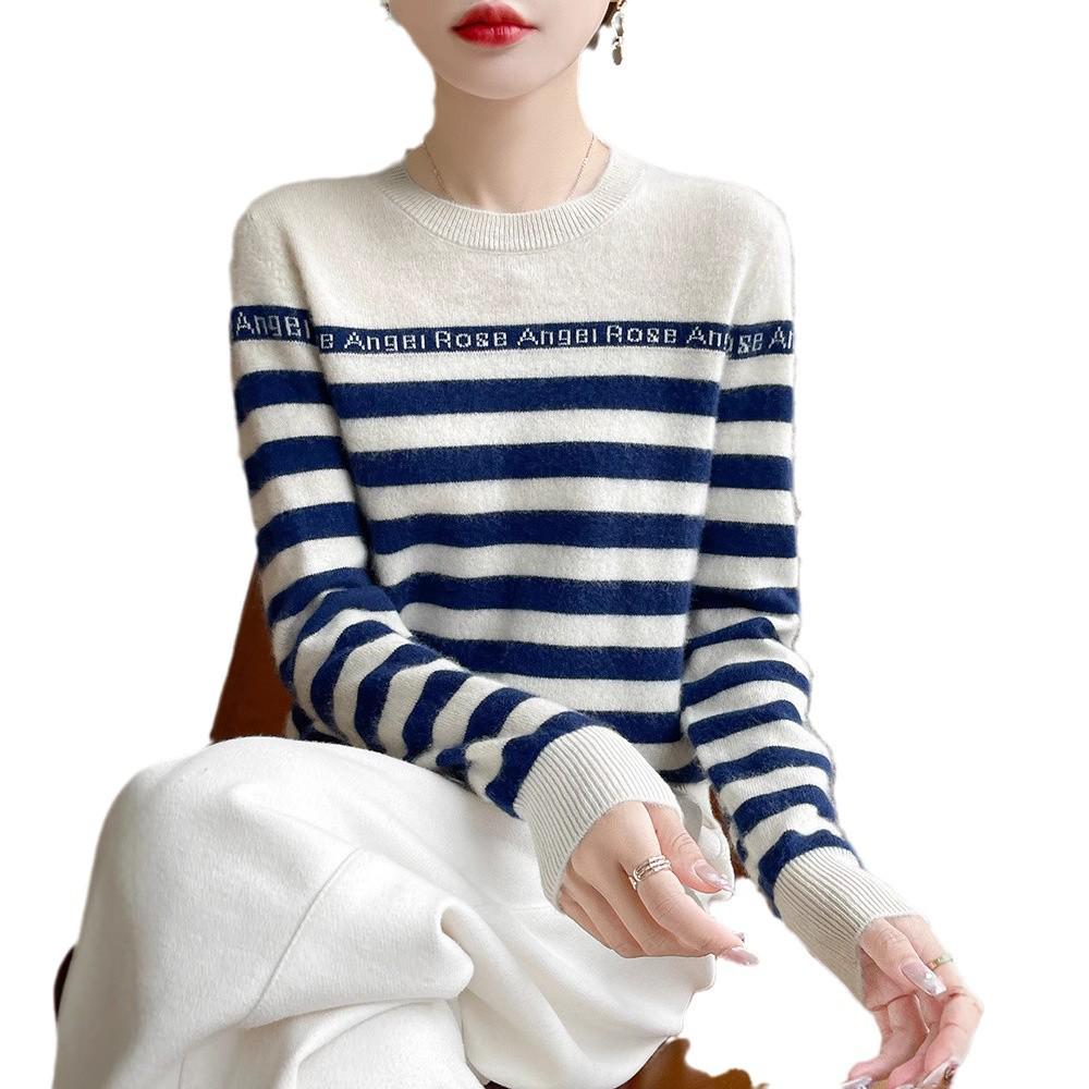 Women's Striped Crew Neck Wool Sweater - Autumn/Winter Loose-Fit Cashmere Knit