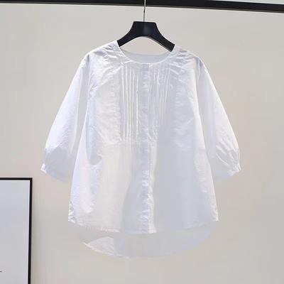 Korean Style White Cotton Shirt Women Summer Round Neck Casual Loose Fit Short Sleeve Top