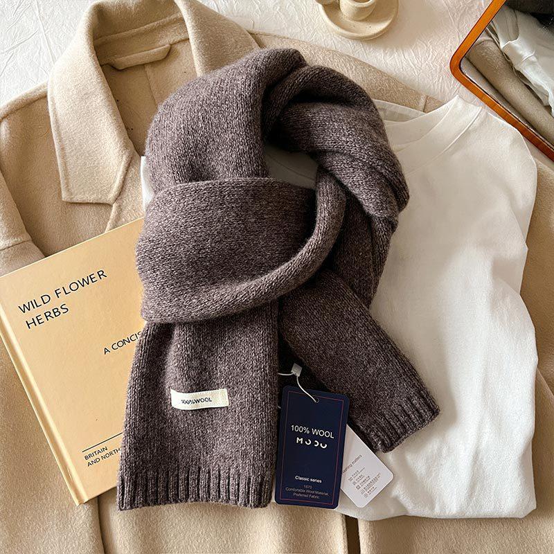 Australian Wool Small Scarf Women'S Winter Solid Color Knitted Scarf Korean Version Thickened Warm Neck Protection