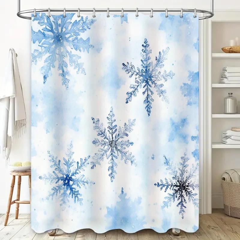 Snowy Flakes Blue Printed Shower Curtain Waterproof Bath Decor Home Decoration Soft Fabric Tub Liner White/Light Blue