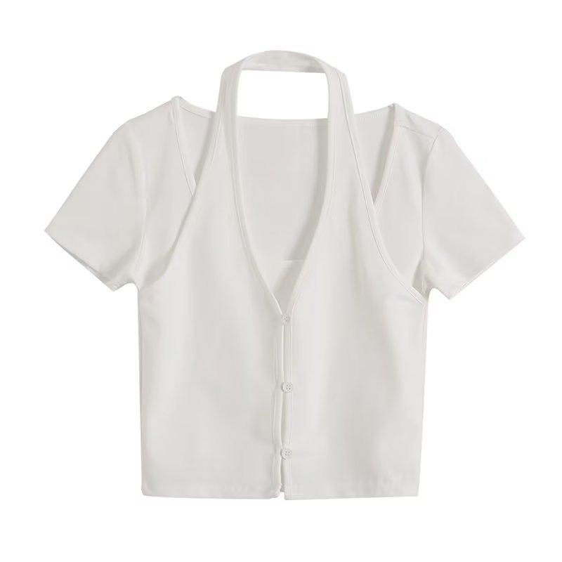 Sommer Frauen T-Shirts Halter V-ausschnitt Schlanke Dame T Tops Weibliche Kleidung