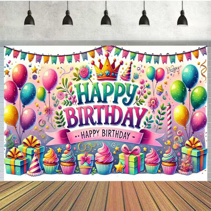 2D Happy Birthday Banner Backdrop Pastel Balloon Gift Box Party Decoration Prop